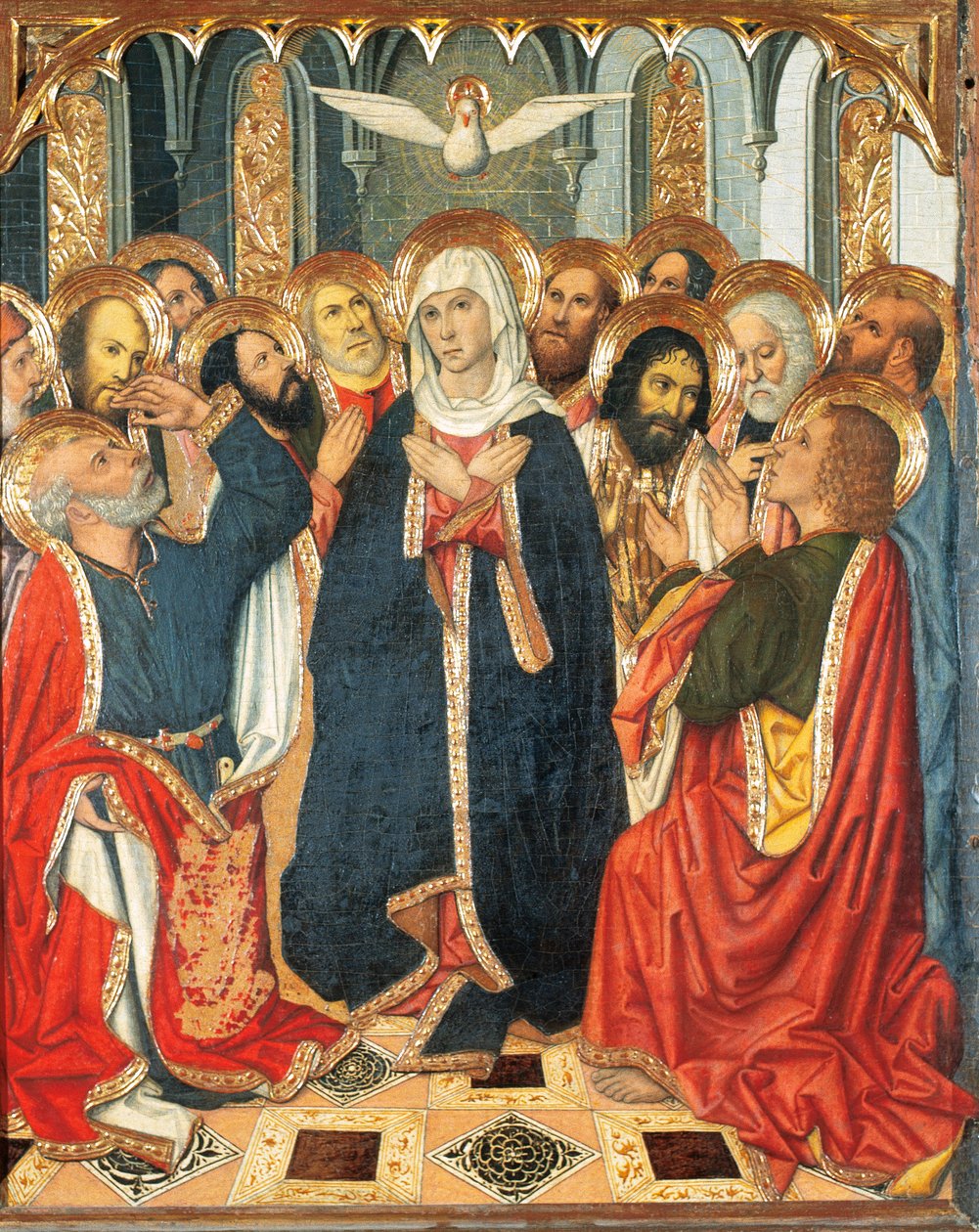Helluntaipöytä. Portugalin konstaapelin alttaritaulusta (1464-1465). Maalaa puulle. Kirjailija: Jaume Huguet (1414-1492). XV vuosisata (maalaus puulle) tekijältä Jaume Huguet