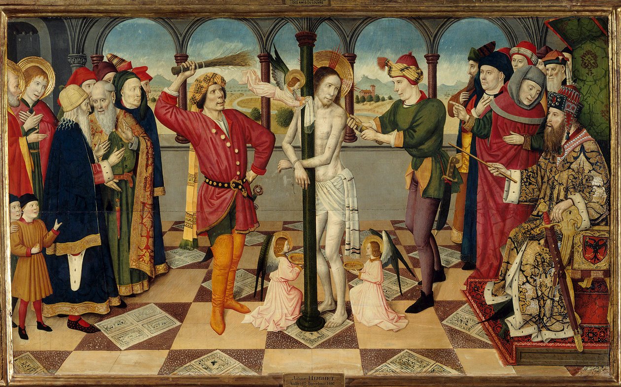 Kristuksen ruoskiminen Pontius Pilatuksen edessä. Jaume (= Jaime) Huguet vanhin (1415-1492) Detrempe puusta. Himmeä. 0,92 x 1,56 m. tekijältä Jaume Huguet
