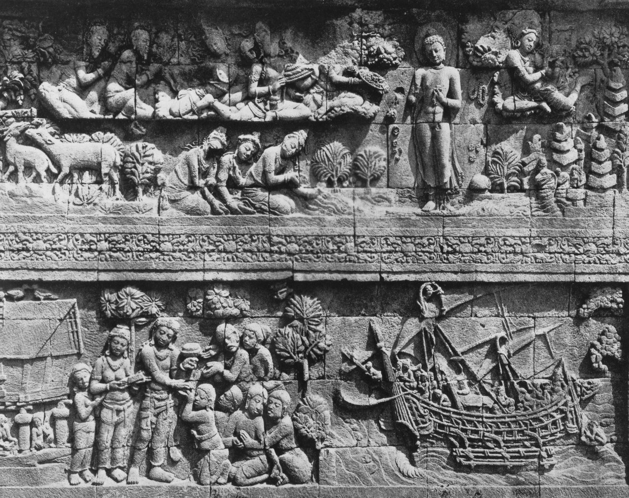 Bodhisattvan kylpeminen Borobudur-temppelissä (kivi) tekijältä Javanese School