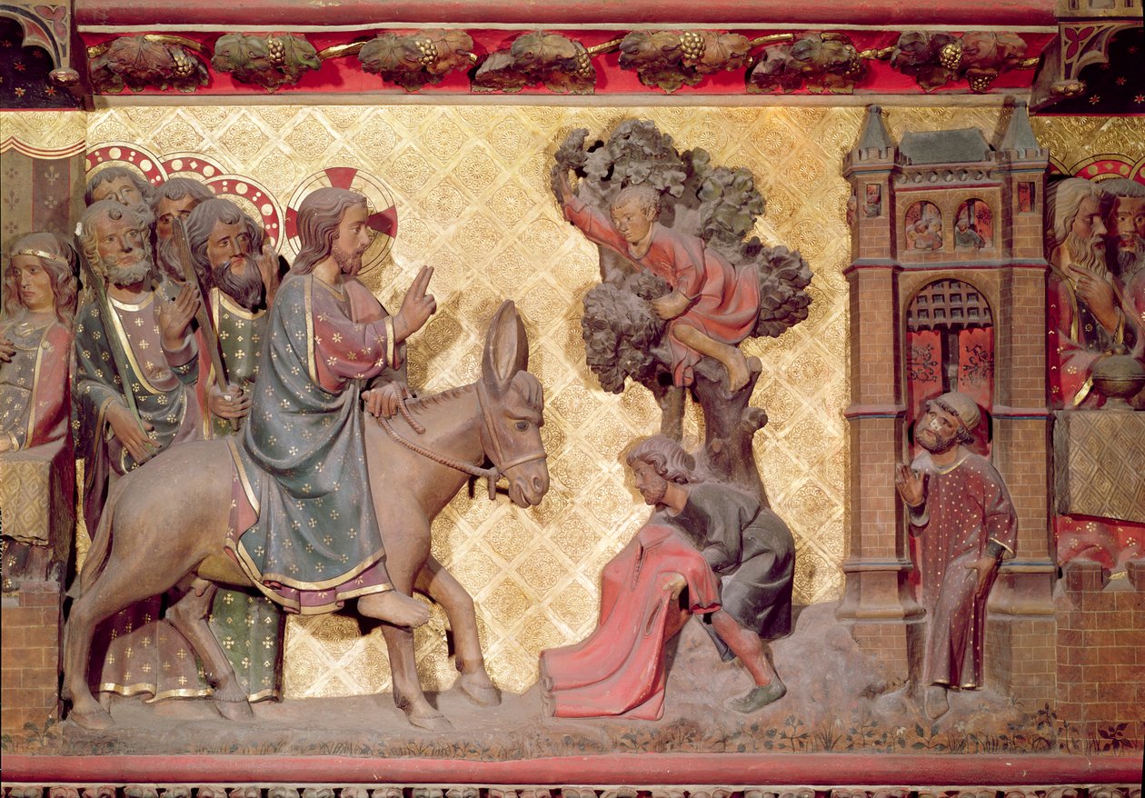 Yksityiskohta Kristuksen tulosta Jerusalemiin, 1340-51 maalattu kivi tekijältä Jean and Jean Le Boutellier Ravy