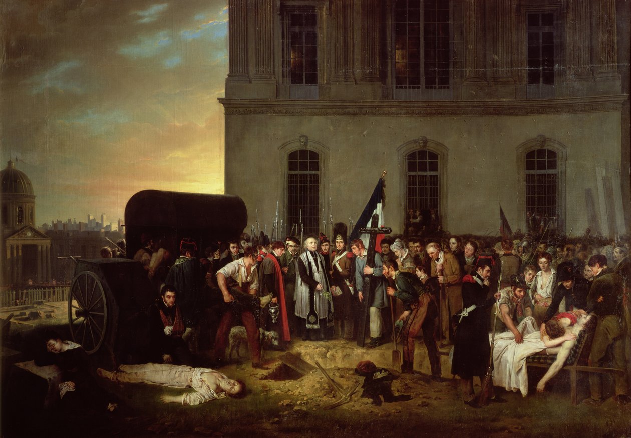 Heinäkuun vallankumouksen uhrien hautaaminen Louvren pylväikkön edessä, 30. heinäkuuta 1830 tekijältä Jean Alphonse Roehn