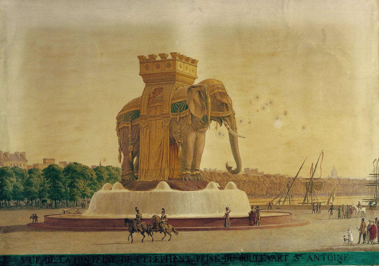 Näkymä Elephant-suihkulähteelle Place de la Bastillessa, n. 1805-1810 (wc paperilla) tekijältä Jean Antoine Alavoine