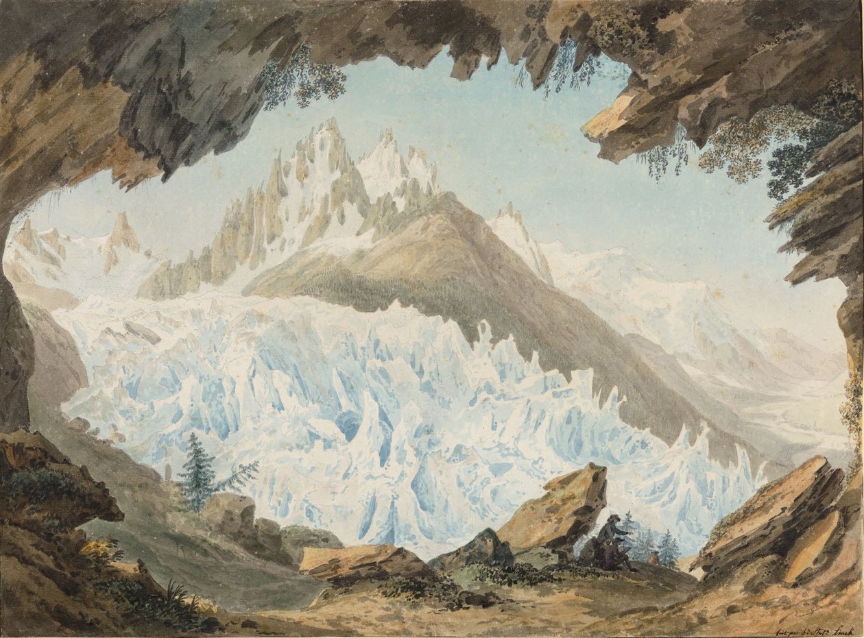 Artiste desinant depuis la voûte nommée le Chapeau, le glacier des Bois et les aiguilles du Charmoz tekijältä Jean Antoine Linck