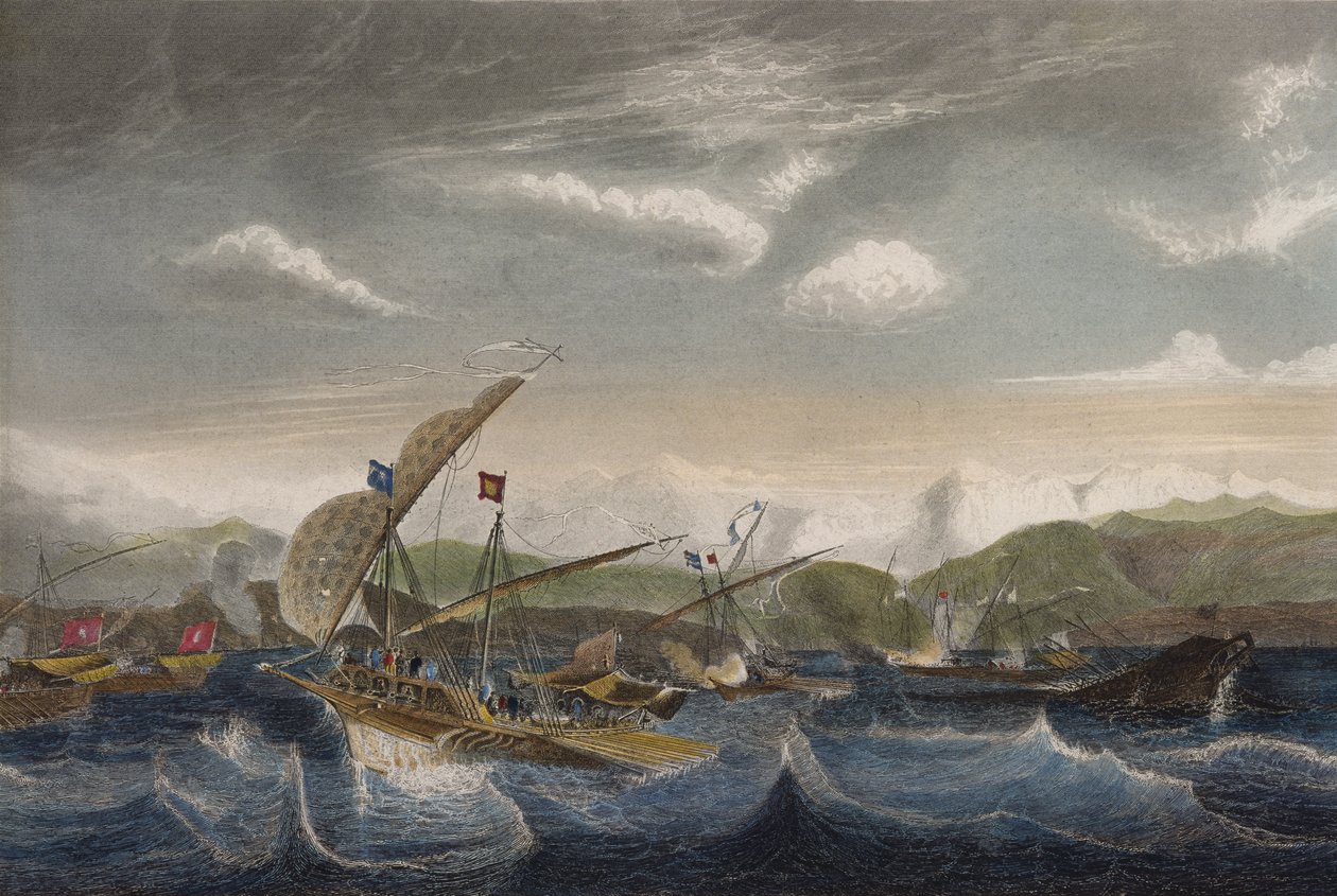 Andrea Doria hajottamassa espanjalaista laivastoa Varin suulle vuonna 1524 (värikaiverrus) tekijältä Jean Antoine Theodore Gudin