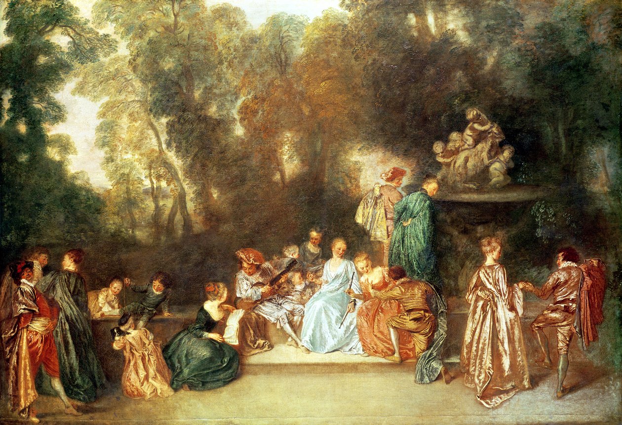 Fete galante kitaristin kanssa ja veistos putista, joka soittaa oinaan kanssa, n. 1717-19 tekijältä Jean Antoine Watteau