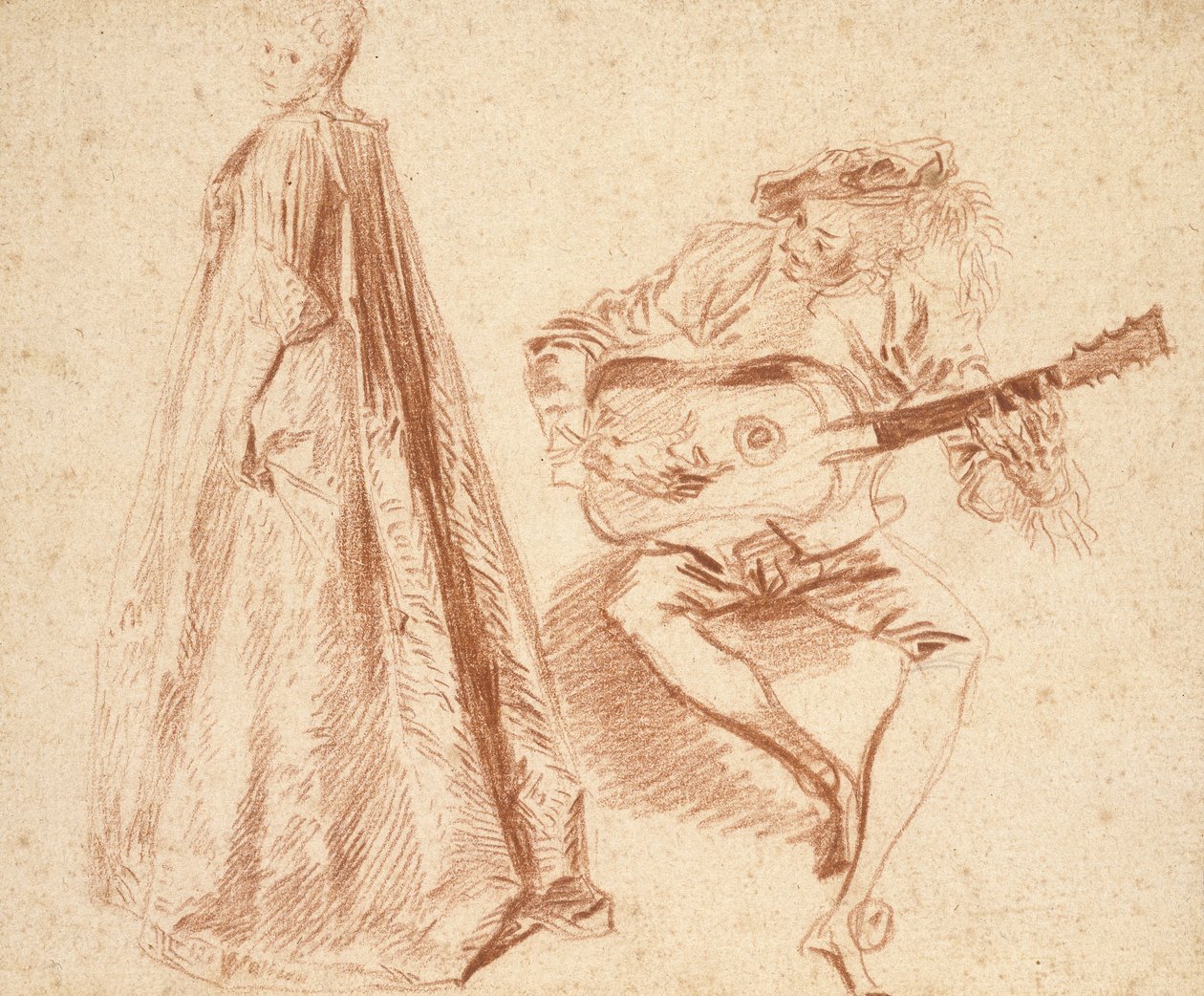 Tyttö seisoo profiilissa vasemmalla, katselee vasemman olkapäänsä yli, mies oikealla soittamassa kitaraa (punainen liitu vaalealle, beigelle paperille, asetettu siniselle taustapaperille) tekijältä Jean Antoine Watteau