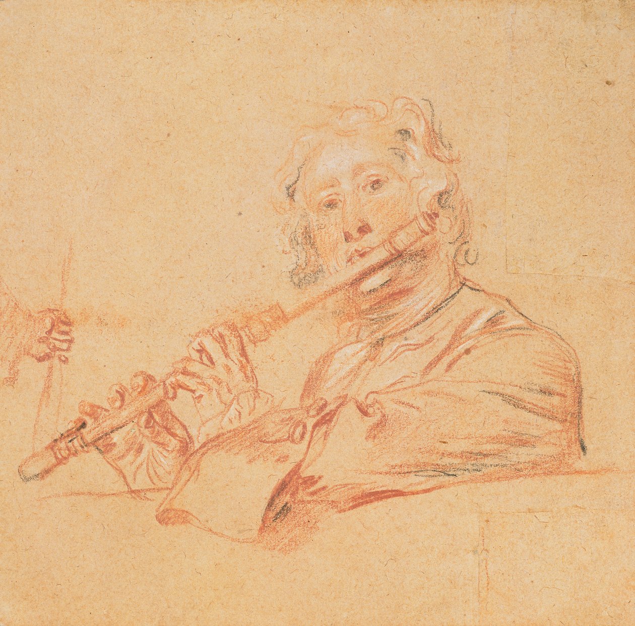 Mies soittaa huilua, n. 1710 ("aux trois värikynät" kiillotuspaperilla) tekijältä Jean Antoine Watteau