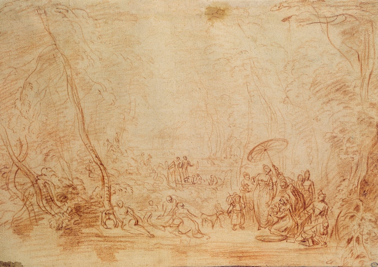 Mooseksen pelastus vedestä (sangviini paperilla) tekijältä Jean Antoine Watteau