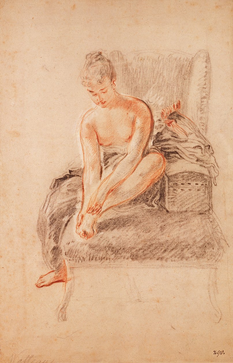 Puolialaston nainen istuu leposohvalla, pitelee jalkaansa tekijältä Jean Antoine Watteau