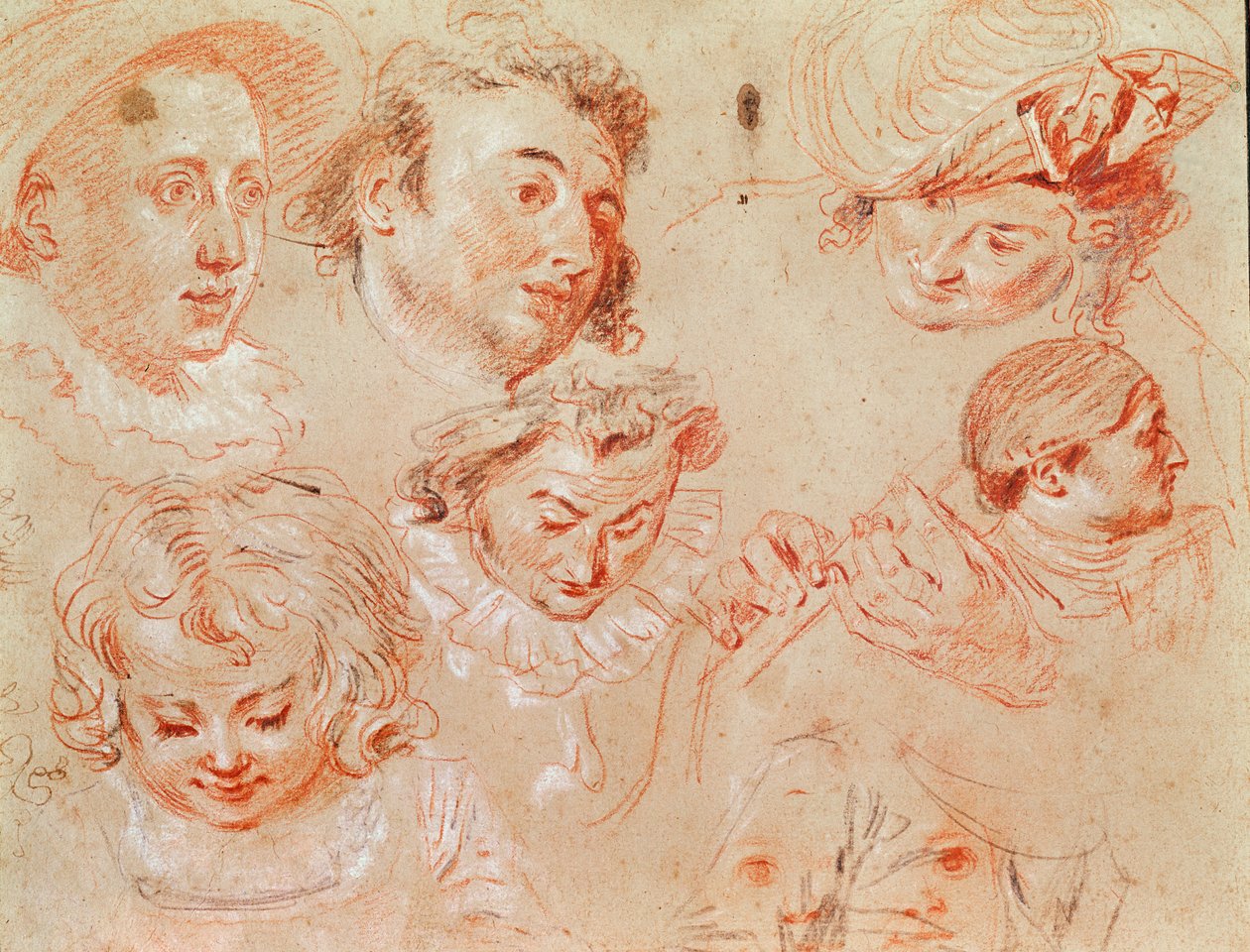 Kuusi päätä ja kaksi kättä soittamassa musiikki-instrumenttia (liitu hiilellä) tekijältä Jean Antoine Watteau