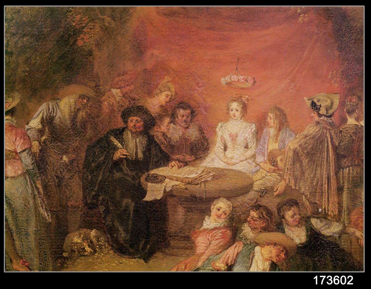 Morsiamen ja sulhasten pöytä, yksityiskohta Avioliittosopimuksesta, n. 1712-1313 (38782:n yksityiskohta) tekijältä Jean Antoine Watteau