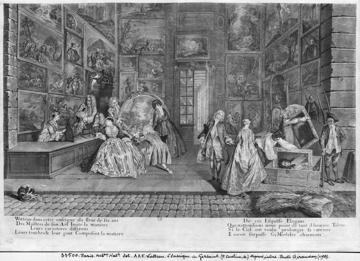 Pierre Aveline (n. 1656-1722) kaivertanut Gersaint-kyltti n. 1720 tekijältä Jean Antoine Watteau