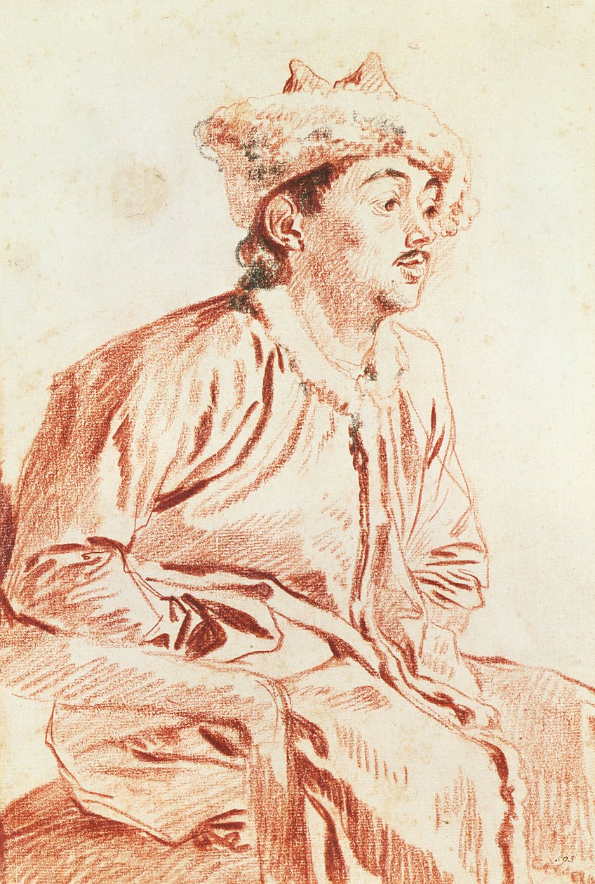 Nuori mies itämaisessa asussa (piirustus) tekijältä Jean Antoine Watteau