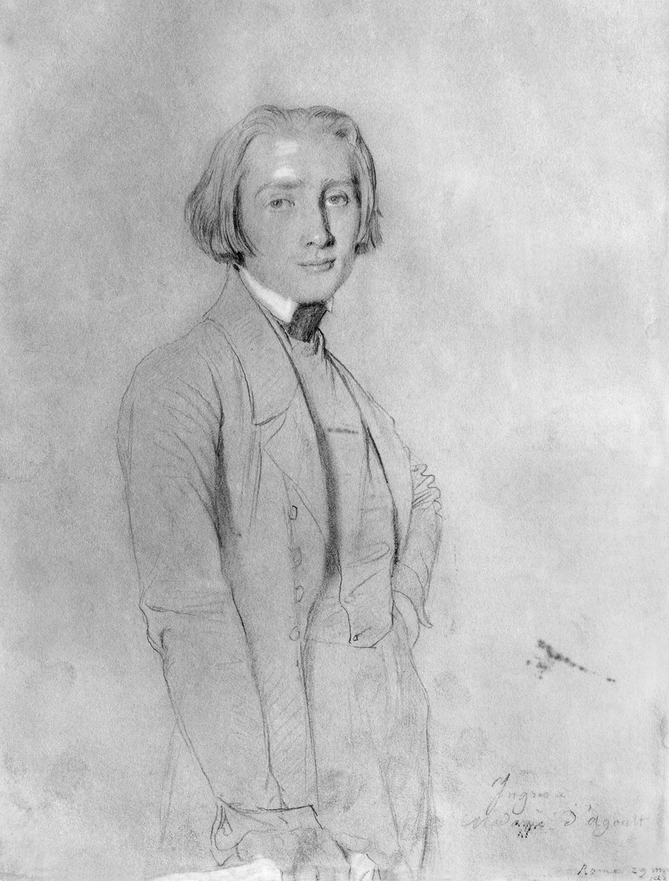 Franz Liszt (1811-86) Rooma, 29. toukokuuta 1839 (grafiitti ja valkoiset kohokohdat paperilla) tekijältä Jean Auguste Dominique Ingres