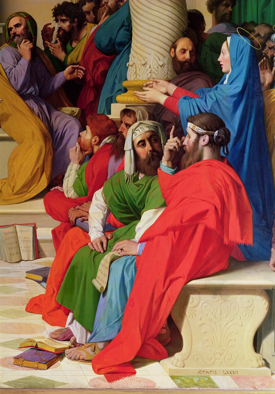 Jeesus lääkäreiden joukossa, yksityiskohta lääkäreistä ja Neitsyt Mariasta, 1862 tekijältä Jean Auguste Dominique Ingres