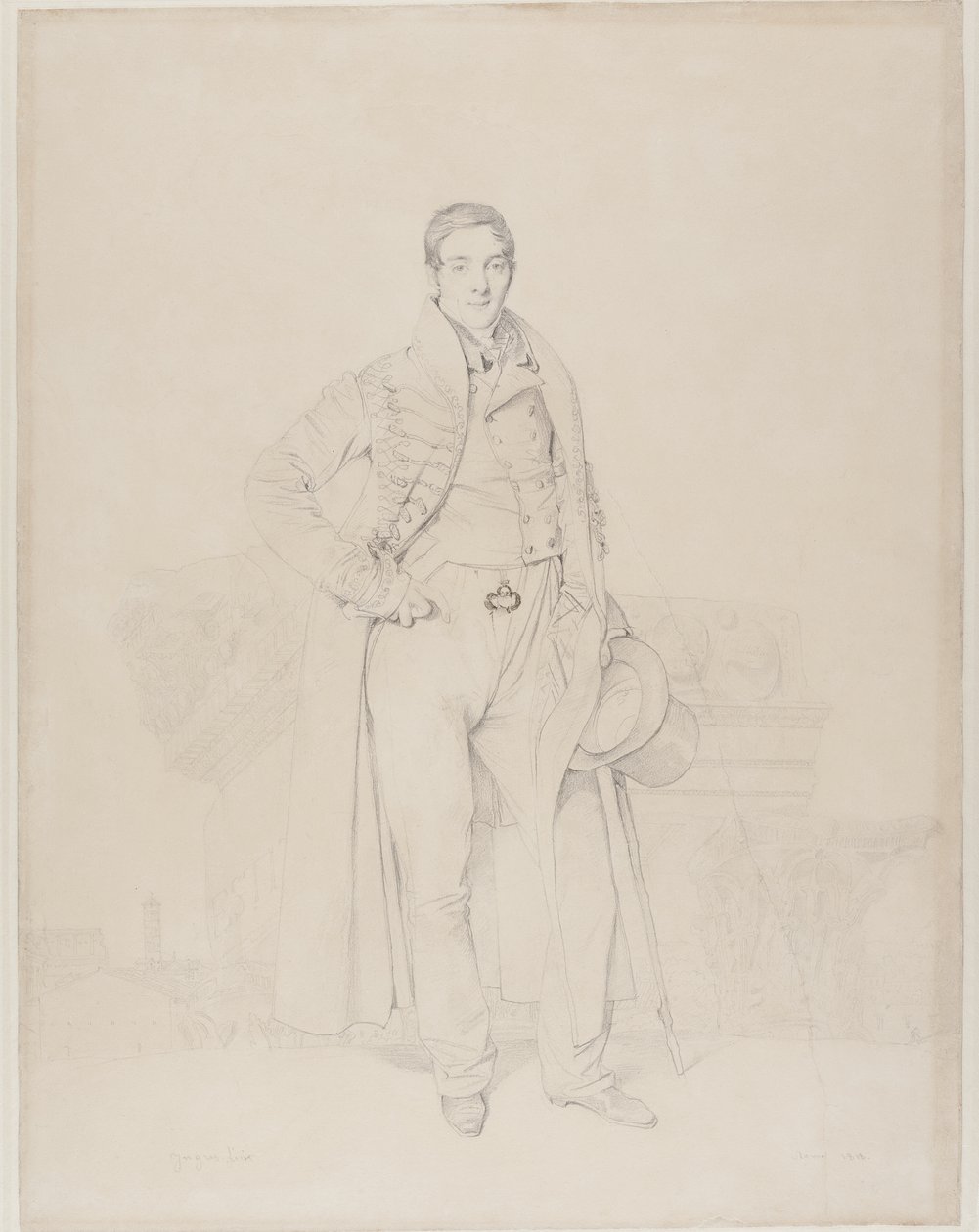 Arkkitehti Alexandre Bénardin muotokuva, täyspitkä, fragmentteja klassisista pääkaupungeista, Forum Romanum takana, 1818 (grafiitti ja vartaloväri kermanvärisellä paperilla) tekijältä Jean Auguste Dominique Ingres