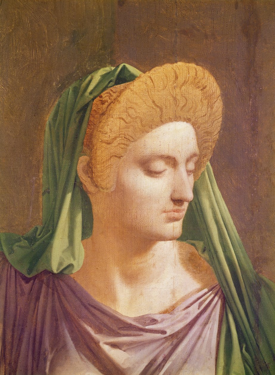 Vergilius (70-19 eKr.) lukee "Aeneista" Livialle, Octavialle ja Augustukselle (Livian pään yksityiskohta), 1819 tekijältä Jean Auguste Dominique Ingres
