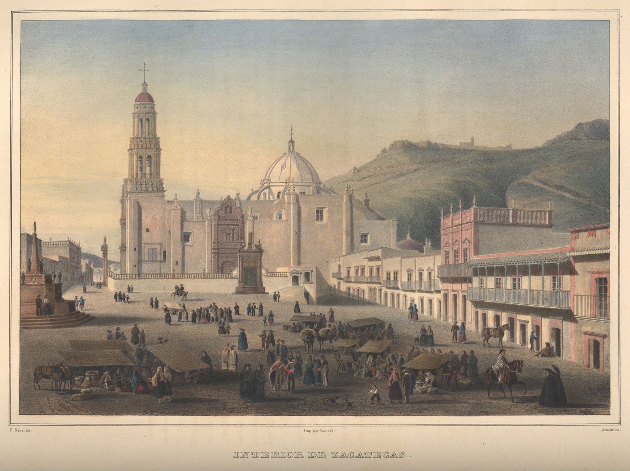 Sisustus de Zacatecas, näkymä Zacatecasiin, Zacatecas. Käsin värillinen litografia korostettuna arabikumilla. tekijältä Jean Baptiste Arnout