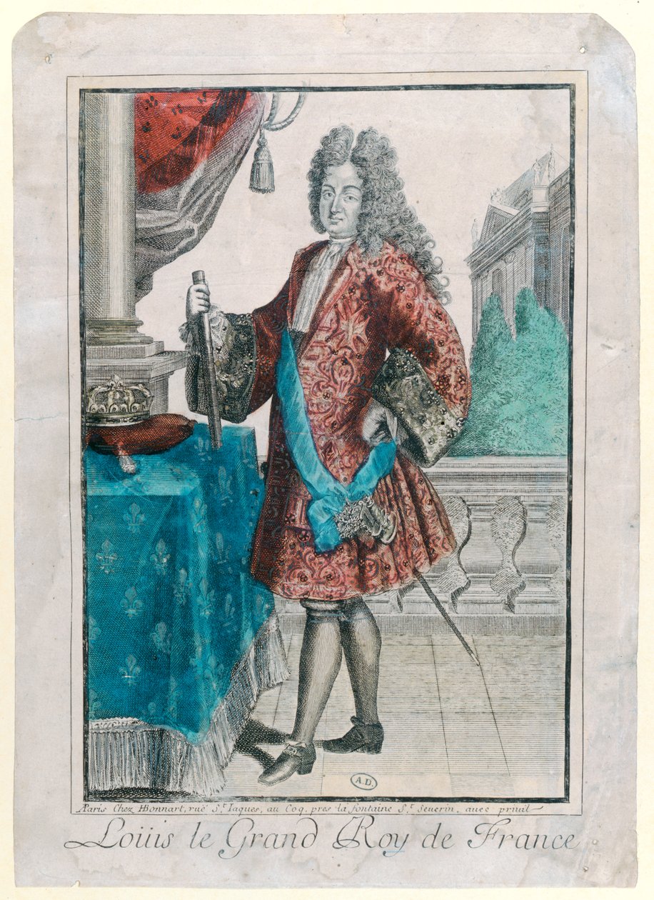 Ludvig XIV (1638-1715) Ranskan kuningas, 1695 (käsinvärinen kaiverrus) tekijältä Jean Baptiste Bonnart