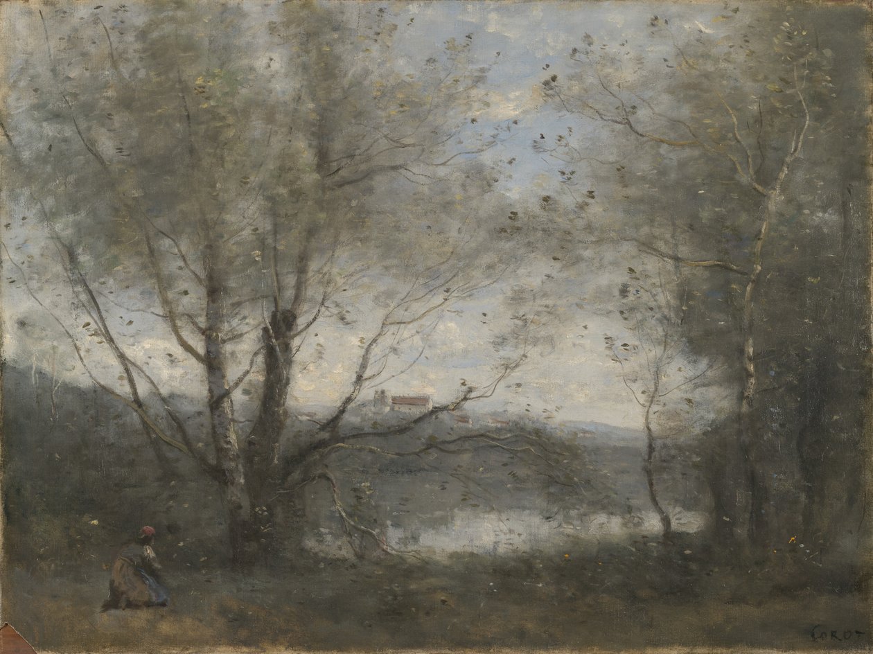Puiden läpi nähty lampi, n. 1855-1865 tekijältä Jean Baptiste Camille Corot