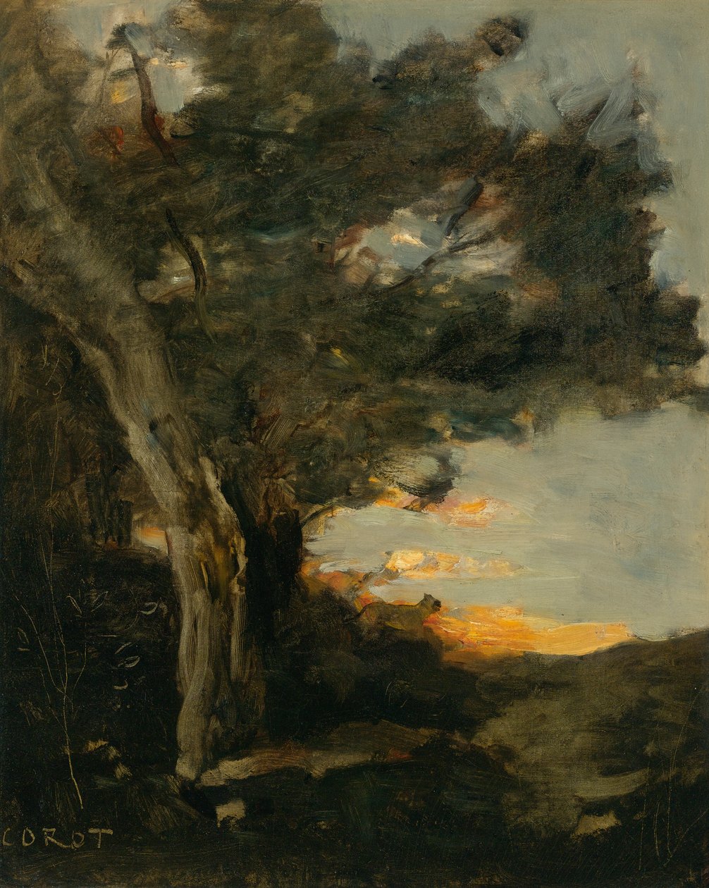 Coucher de soleil avec une Lionne tekijältä Jean Baptiste Camille Corot