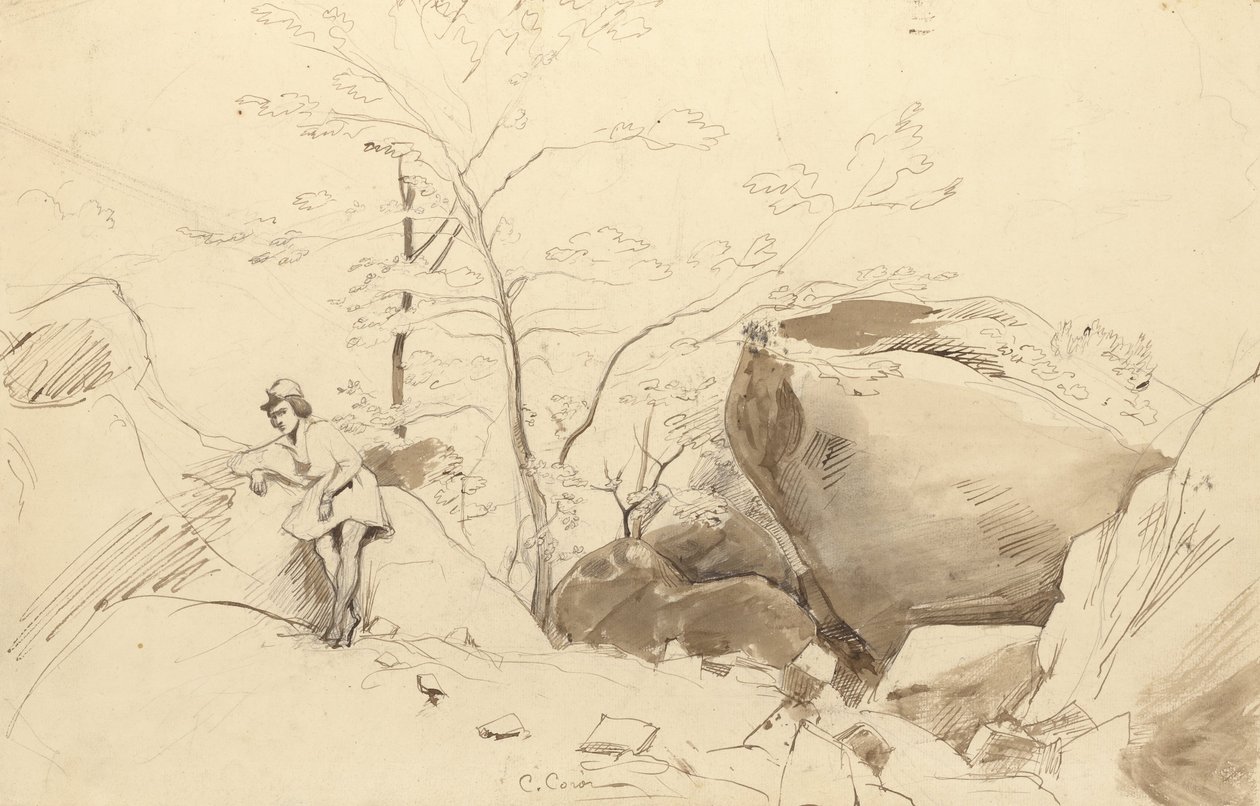 Fontainebleau, hahmo kallista vasten tekijältä Jean Baptiste Camille Corot