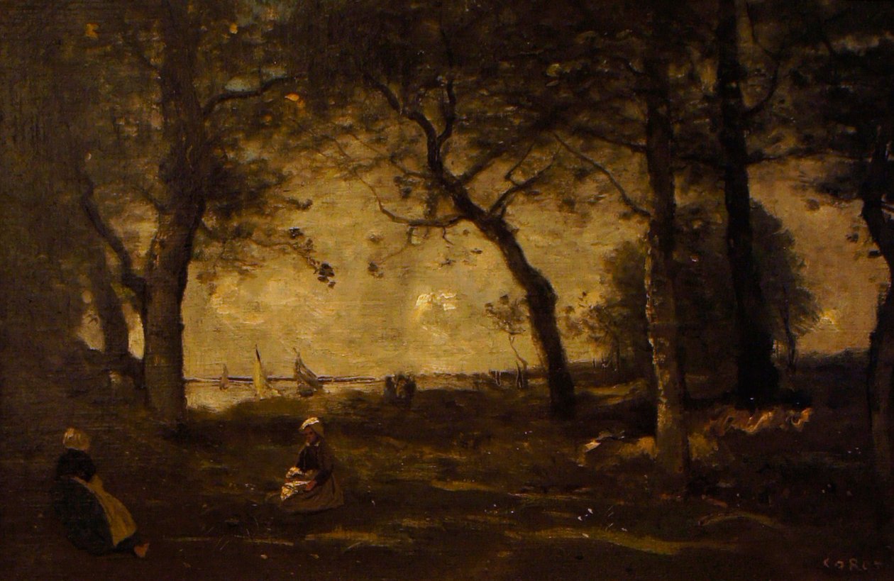 Honfleur la mer derrière les arbres tekijältä Jean Baptiste Camille Corot