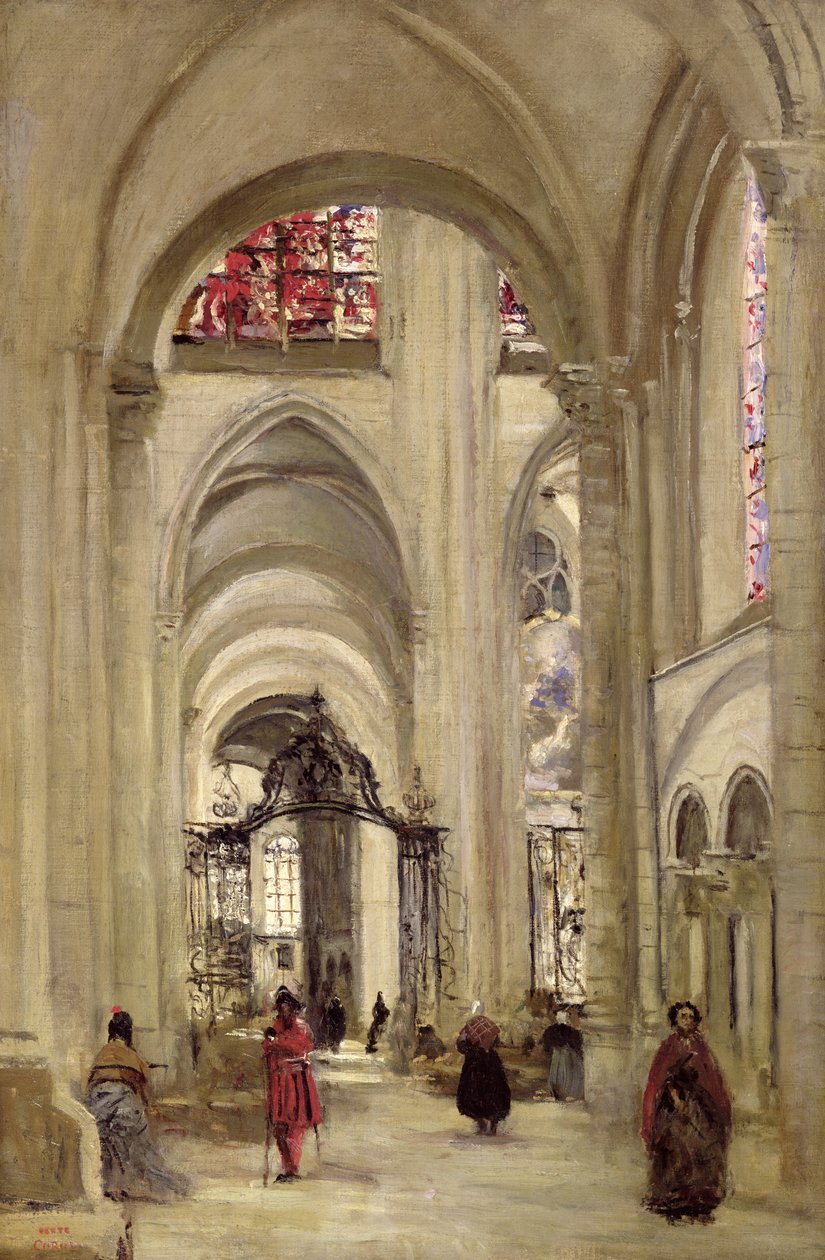 Sensissä sijaitsevan St. Etiennen katedraalin sisustus, noin 1874 tekijältä Jean Baptiste Camille Corot