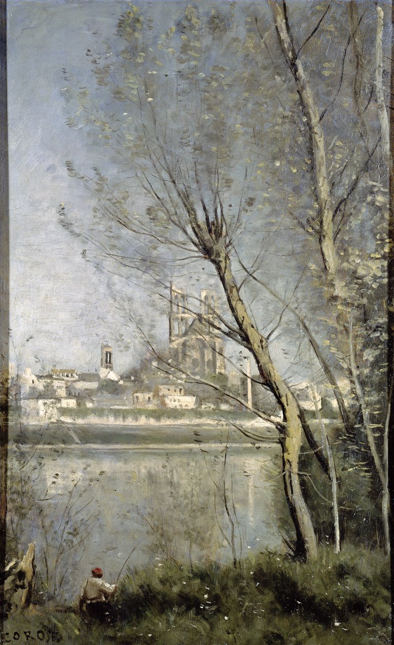 Mantes, Näkymä katedraalille ja kaupunkiin puiden läpi, n. 1865-70 tekijältä Jean Baptiste Camille Corot