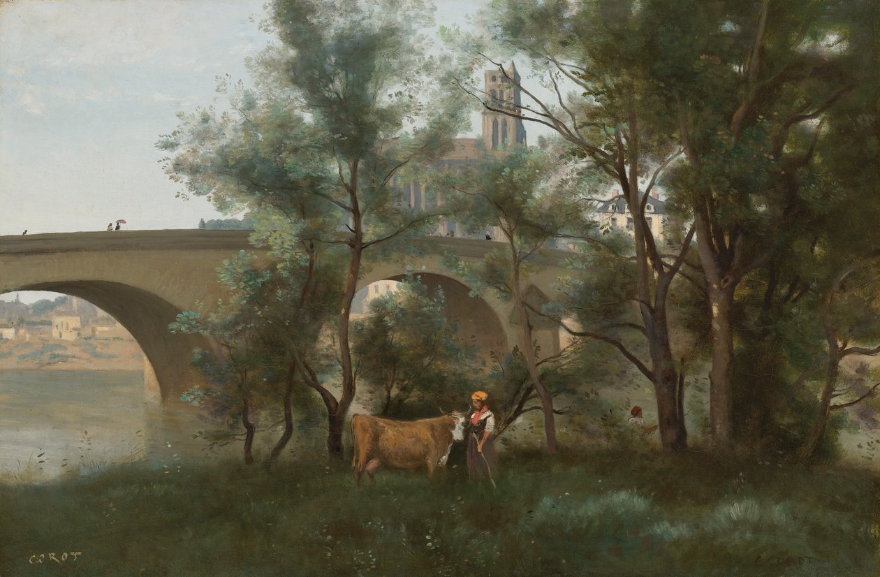 Mantes, Seinen rannat sillan juurella tekijältä Jean Baptiste Camille Corot