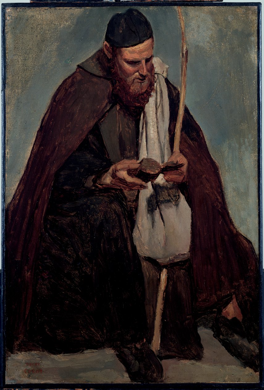 Italialainen munkki istuu, lukee tekijältä Jean Baptiste Camille Corot