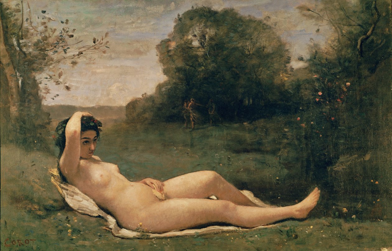 Nymfi makuuasennossa, n. 1857-58 tekijältä Jean Baptiste Camille Corot