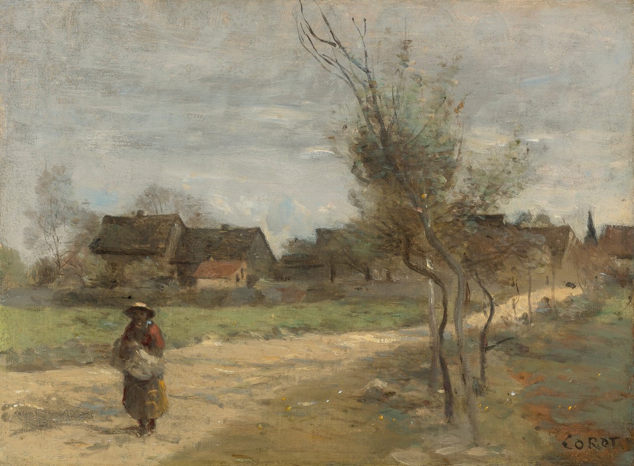 Paysanne sur une route en due dun village tekijältä Jean Baptiste Camille Corot
