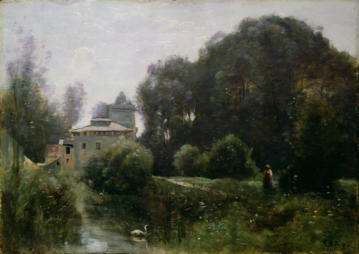 Matkamuisto Villa Borghesesta, 1855 (paneeli) tekijältä Jean Baptiste Camille Corot