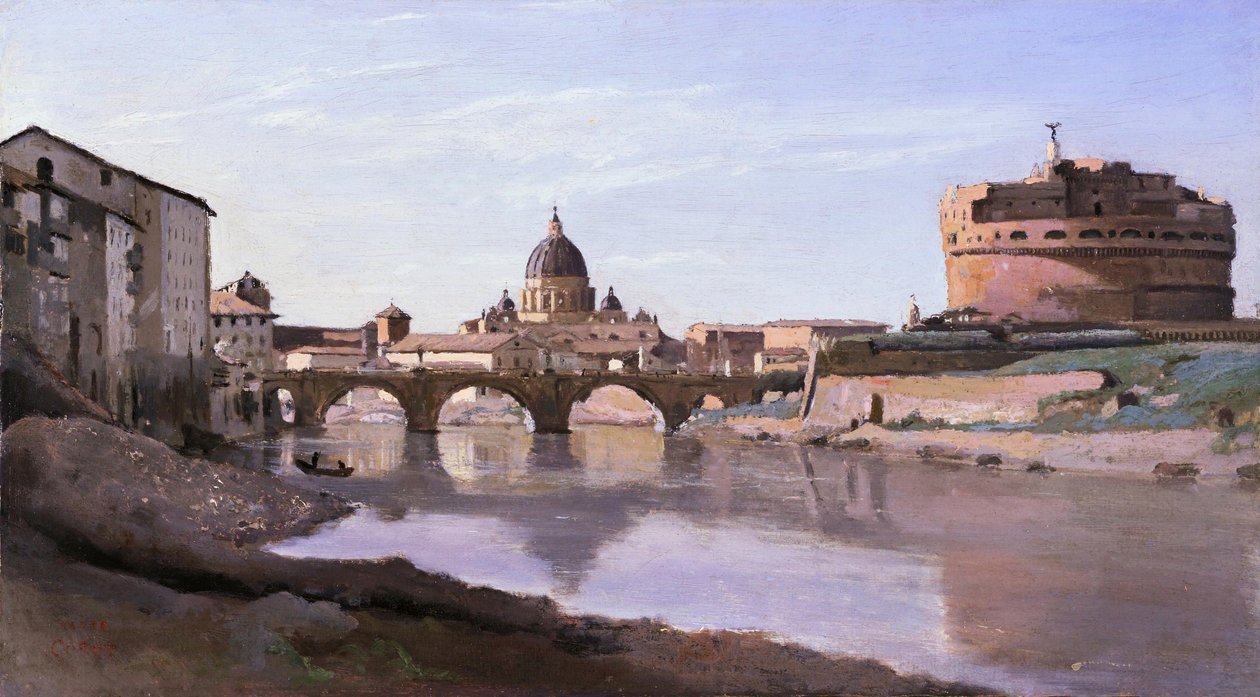 Silta ja Castel SantAngelo sekä Pyhän Pietarin kupoli tekijältä Jean Baptiste Camille Corot