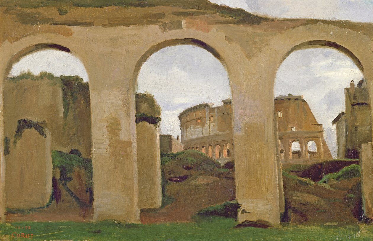 Colosseum, nähtynä Konstantinuksen basilikan arkadien läpi, 1825 (öljy paperille) tekijältä Jean Baptiste Camille Corot