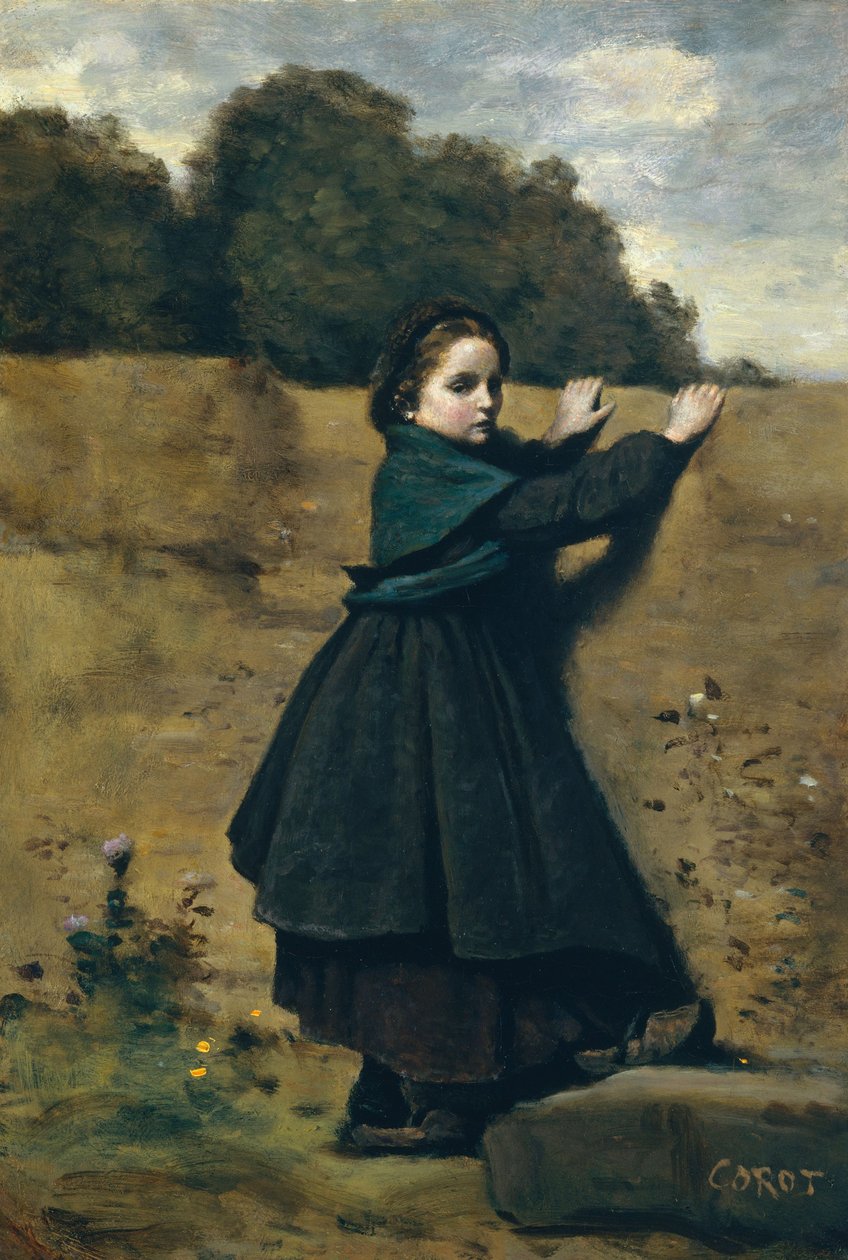 Utelias pikkutyttö, 1860-64 (öljy pahville, maatettu puulle) tekijältä Jean Baptiste Camille Corot
