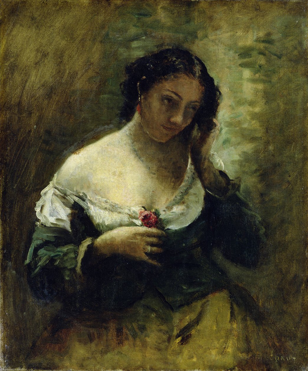 Tyttö ruusun kanssa, n. 1865 tekijältä Jean Baptiste Camille Corot
