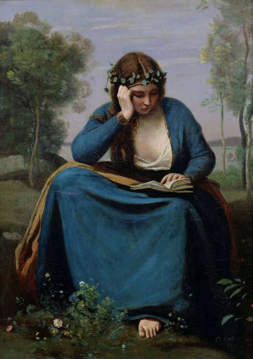 Kukkiin kruunattu lukija tai Vergiliusuksen muusa, 1845 tekijältä Jean Baptiste Camille Corot