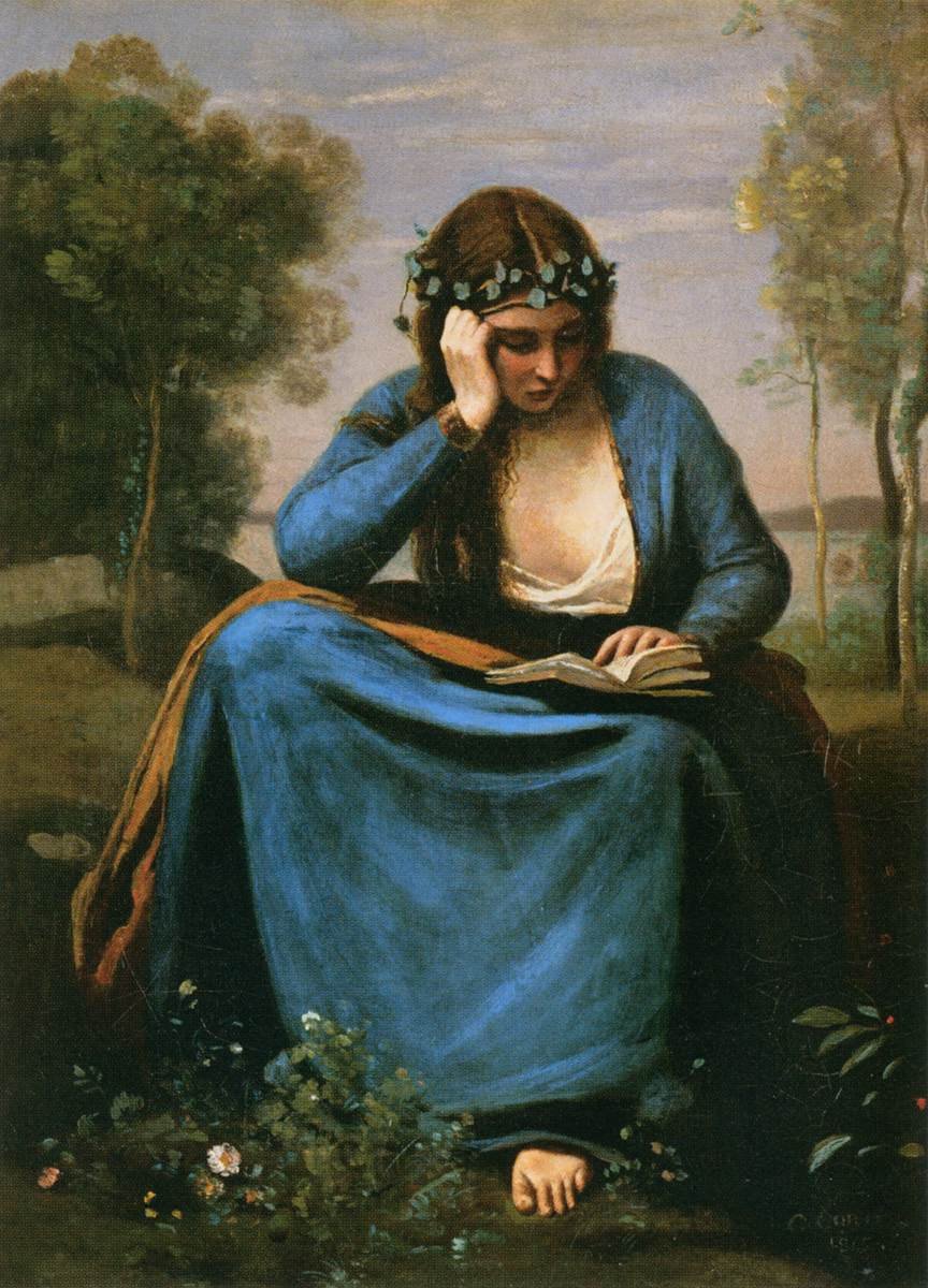 Lukija seppeleitti kukkia tekijältä Jean Baptiste Camille Corot