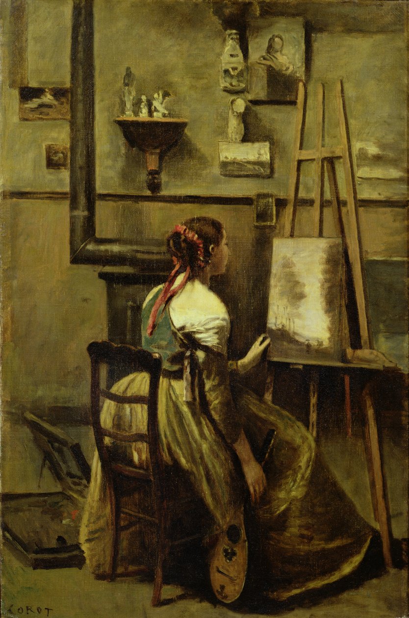 The Studio of Corot, tai nuori nainen, joka istuu maalaustelineen edessä, 1868-70 tekijältä Jean Baptiste Camille Corot