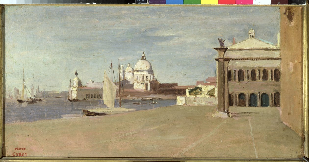 Näkymä Grand Canalille, Venetsia, Riva degli Schiavone, 1828 (öljy paperille asetettu kankaalle) tekijältä Jean Baptiste Camille Corot