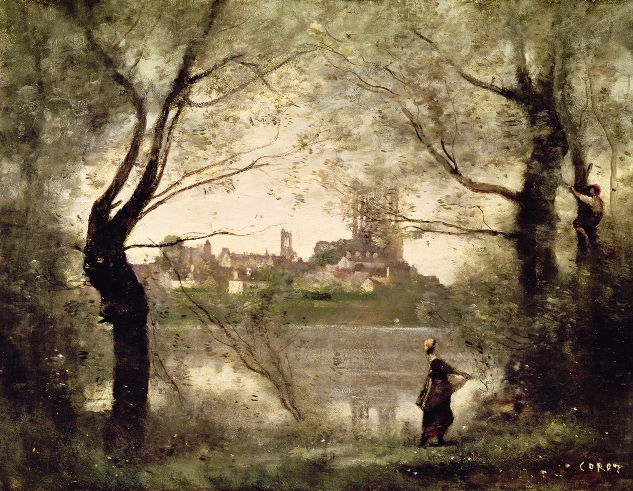 Näkymä Mantesin kaupunkiin ja katedraalille puiden läpi, ilta tekijältä Jean Baptiste Camille Corot