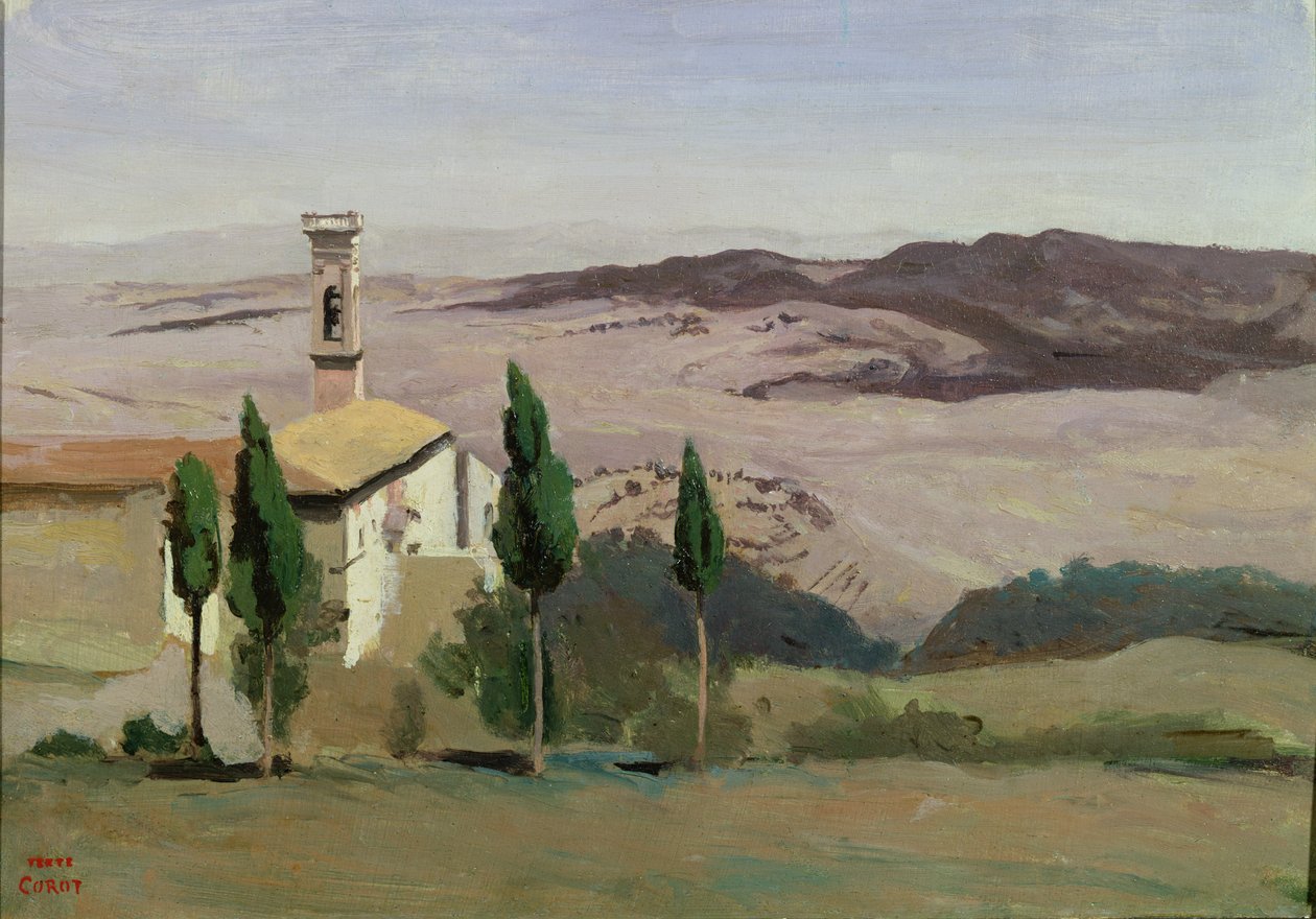 Volterra, kirkko ja kellotorni, 1834 tekijältä Jean Baptiste Camille Corot