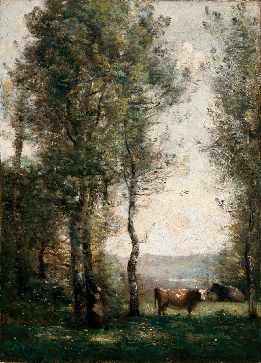Metsäinen maisema, jossa lehmät raivaamolla tekijältä Jean Baptiste Camille Corot