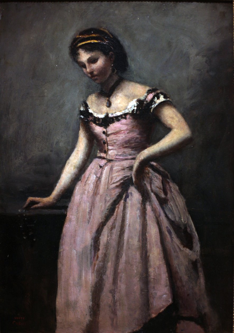 Nuori nainen vaaleanpunaisessa mekossa tekijältä Jean Baptiste Camille Corot