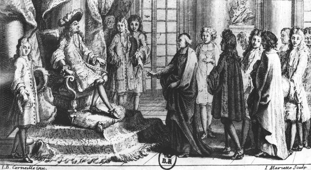 Ranskan akatemian jäsenet esittelivät sanakirjan Ludvig XIV:lle (1638-1715) vuonna 1694, kaivertanut Jean Mariette (1660-1742) tekijältä Jean Baptiste Corneille