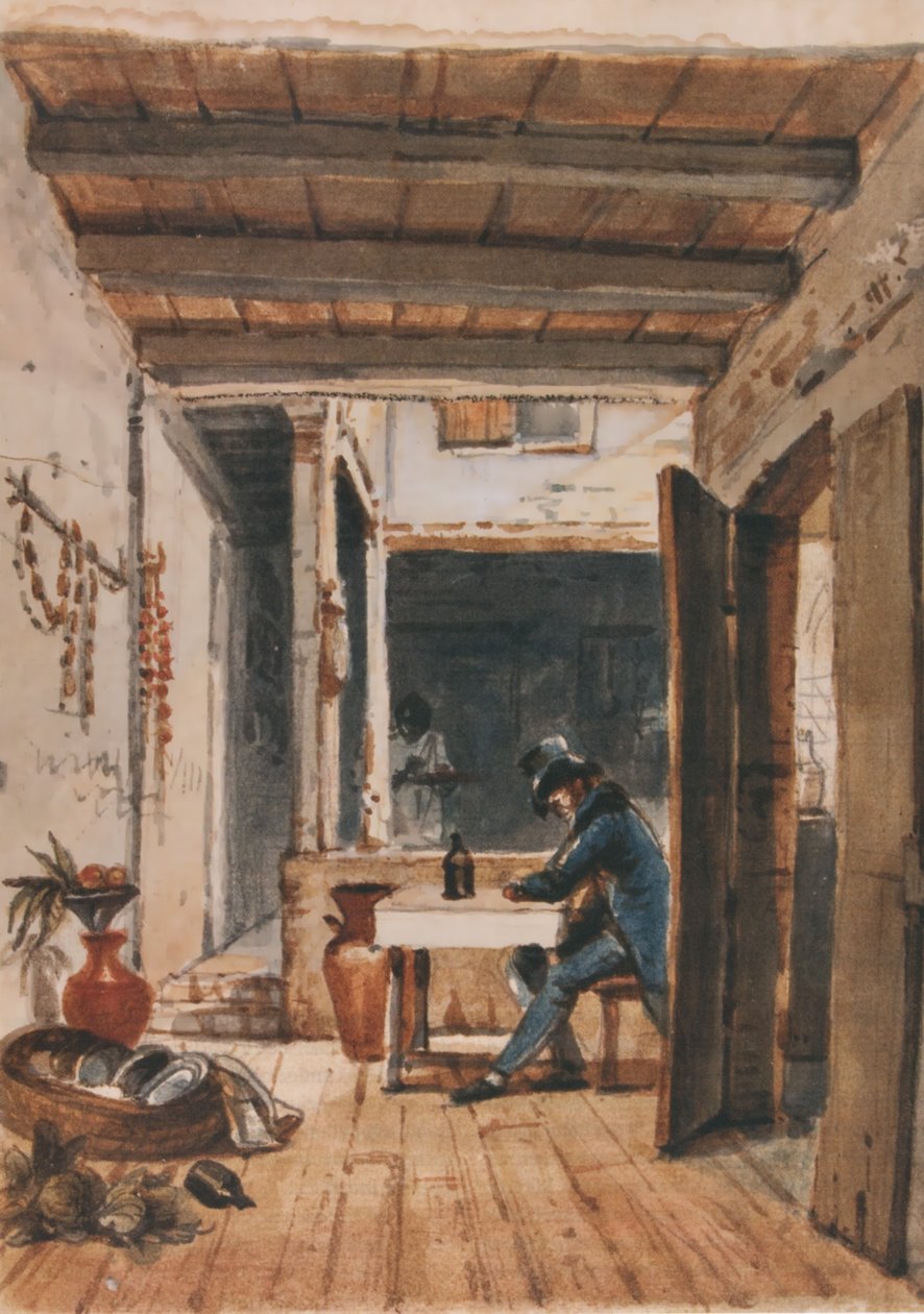 Aquarela de Debret, on retrata ja si próprio numa estalagem tekijältä Jean Baptiste Debret
