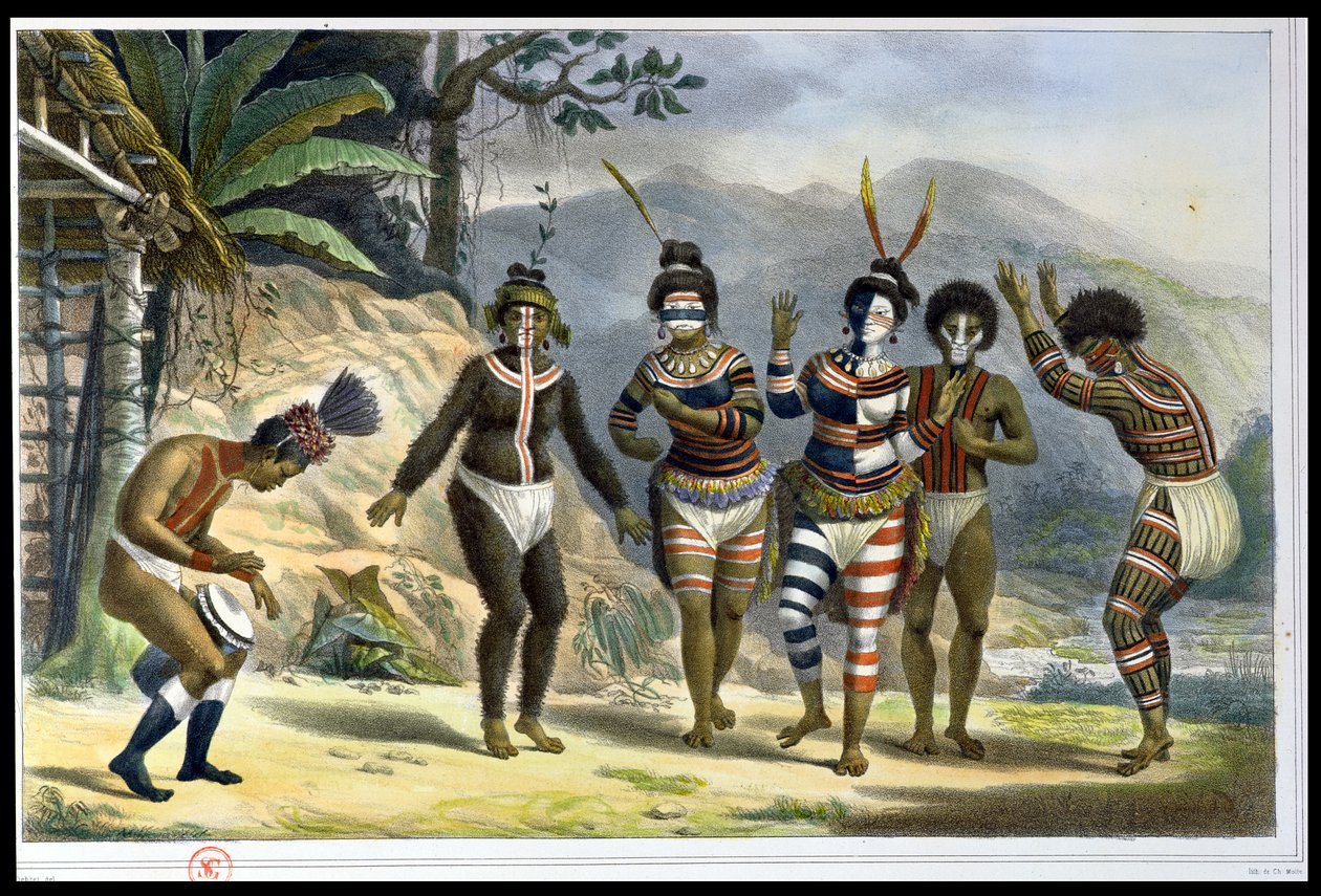 Intiaanit tanssimassa San Josen lähetyskentällä, "Voyage Pittoresque et Historique au Bresil", kaiverrettu Charles Etienne Pierre Motte (1785-1836), julkaistu vuonna 1839 tekijältä Jean Baptiste Debret