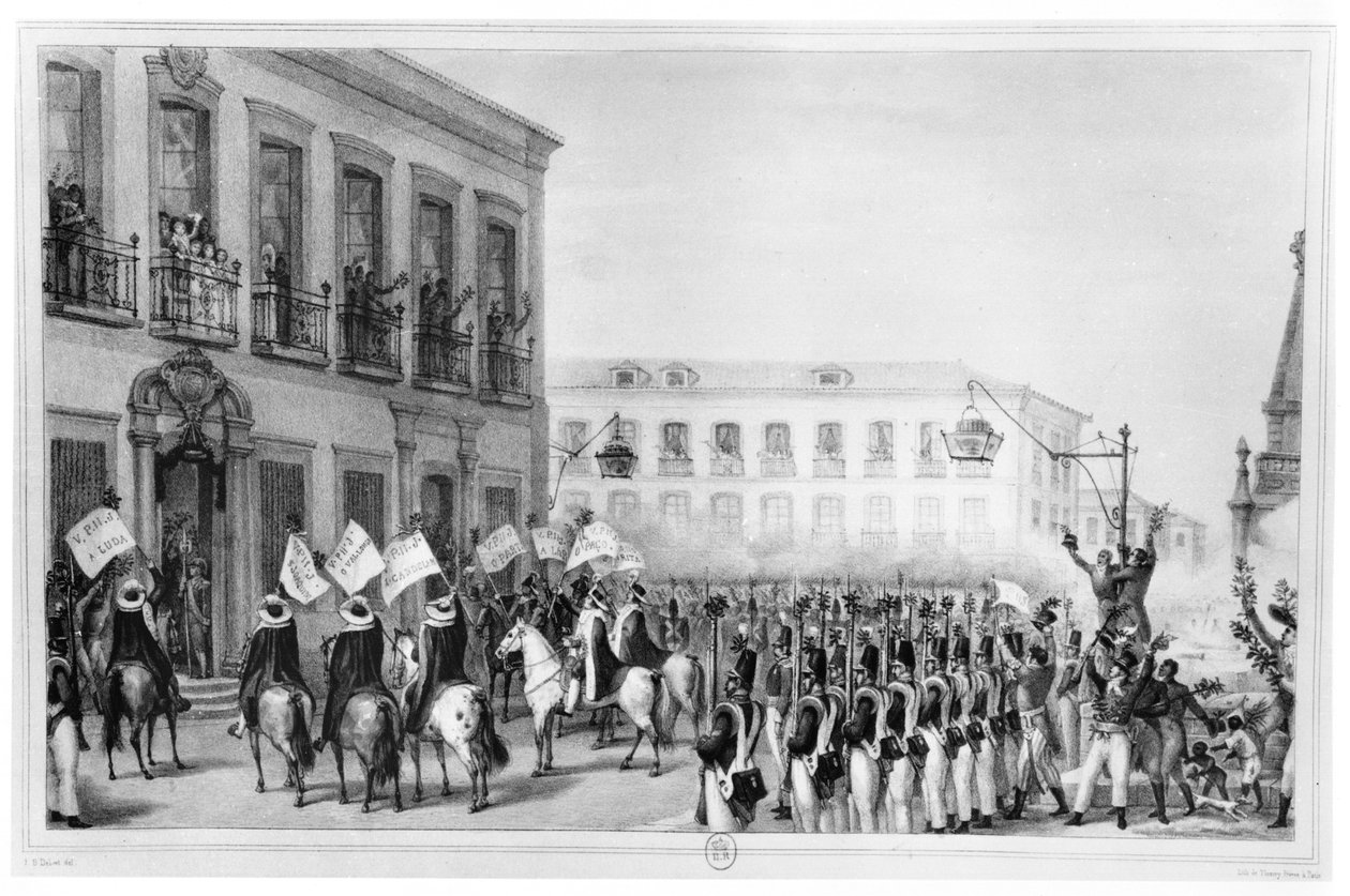 Brasilian keisarin Pedro I:n (1798-1834) huudatus, Rio de Janeiro, 7. huhtikuuta 1831, kuva lähteestä "Voyage Pittoresque et Historique au Bresil", Pariisi, 1835. tekijältä Jean Baptiste Debret